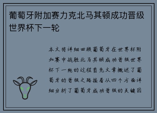 葡萄牙附加赛力克北马其顿成功晋级世界杯下一轮