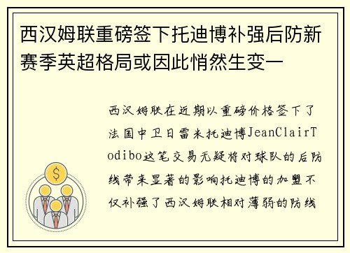 西汉姆联重磅签下托迪博补强后防新赛季英超格局或因此悄然生变一